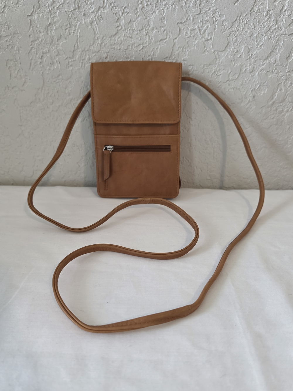 Compact Tan Crossbody Phone Bag with Front Zip Pocket
